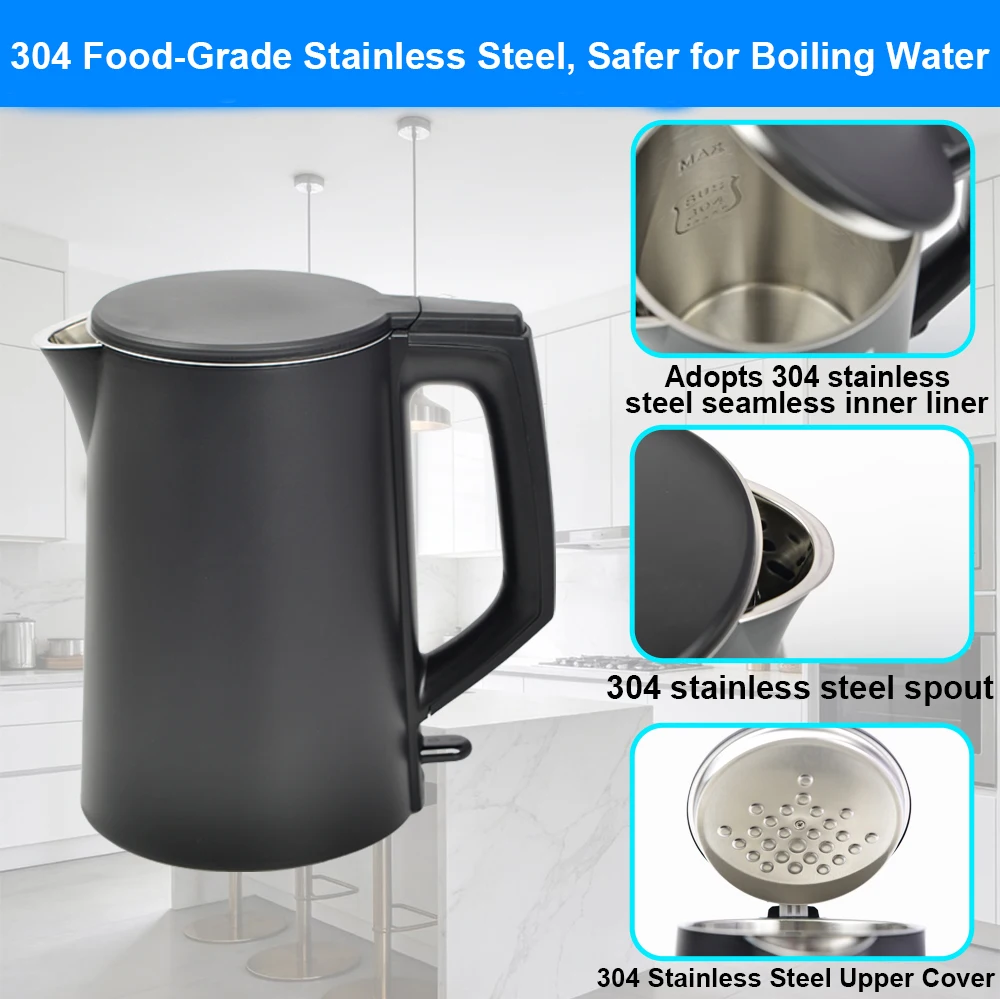 غلاية كهربائية مضادة للحرق سعة 1.7 لتر، غلاية مياه من الفولاذ المقاوم للصدأ 304 - غلاية كهربائية عالية الطاقة بقدرة 1500 وات مع غليان سريع
