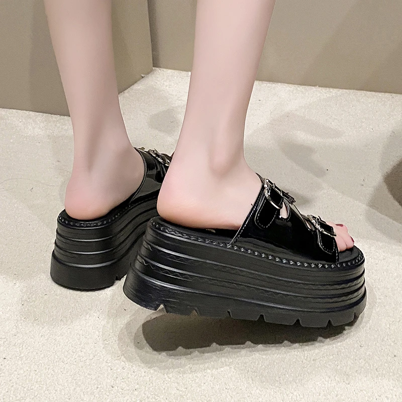 8.5cm Microfiber Synthetic Leather Flats Summer Outside Peep Toe Fashion Women Sandal Slippers Pumps High Platform Wedge Shoes