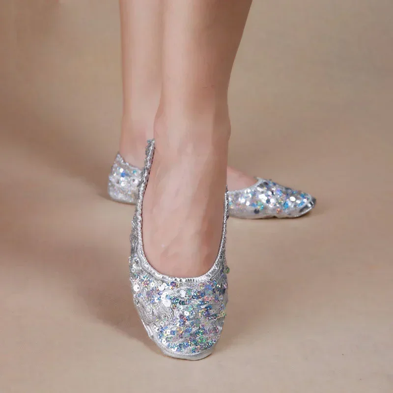 

Мягкие балетки для танцев восточного живота с блестками золотого и серебряного цвета для взрослых, женские балетки, гимнастика, складные тренировочные танцевальные туфли на плоской подошве