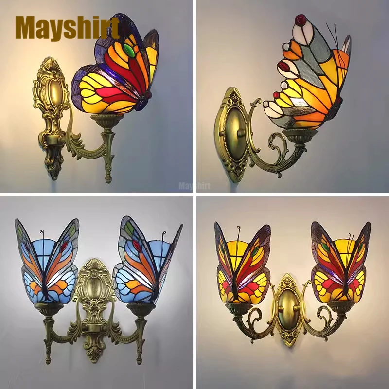 

Tiffany Butterfly Wall Lamp Mediterranean Vintage Stained Glass Wall Lights for Home Decor Bedroom Sconces Bathroom Mirror Light