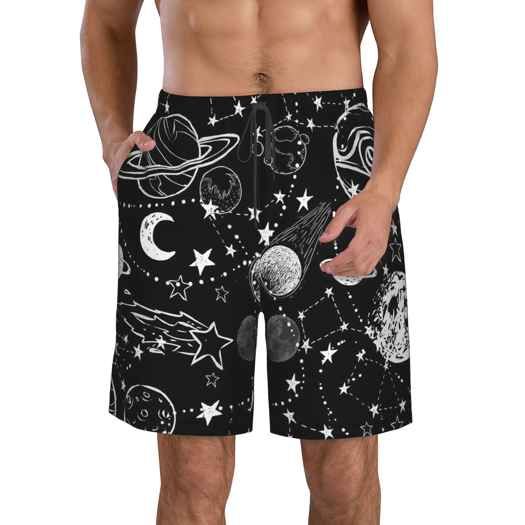 Black White Star Galaxy Space Themed Trunks Beach Board Shorts Casual Quick Dry Swimming Summer Men Pants
