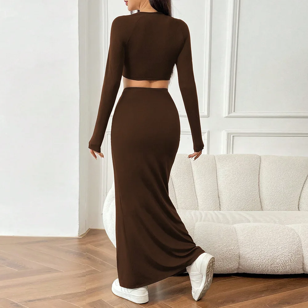 Automne hiver élégant à manches courtes haut jupe ensemble pour les femmes décontracté col carré à manches longues haut cheville longueur jupe deux pièces ensemble