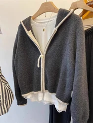 Autumn Winter Lazy Style Women Cardigan Sweater Jacket Korean Loose Zipper Hooded Knitted Cardigans Casual Sweater Coat