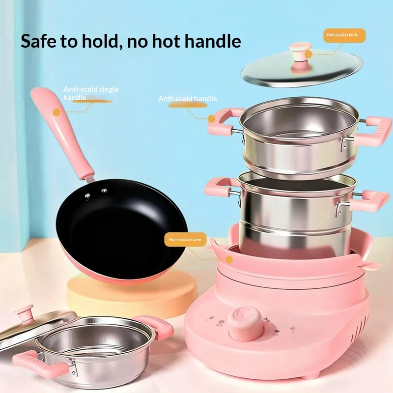 Generic Mini Real Cooking Cookware Set Full Stainless Steel Pink Heat Resistant Handle Non Stick Pan Portable For Indoor Cooking