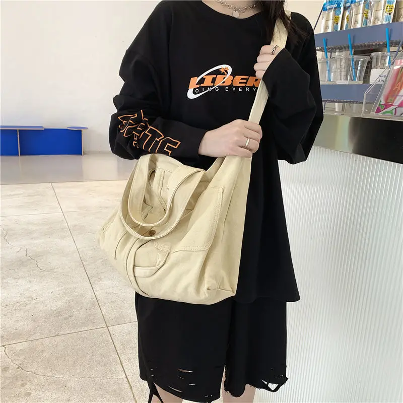 Shoulder Bags Unisex Canvas Large Capacity Multi-pockets Harajuku Vintage Cross-body Leisure Travel Totes Ulzzang Fashion Retro