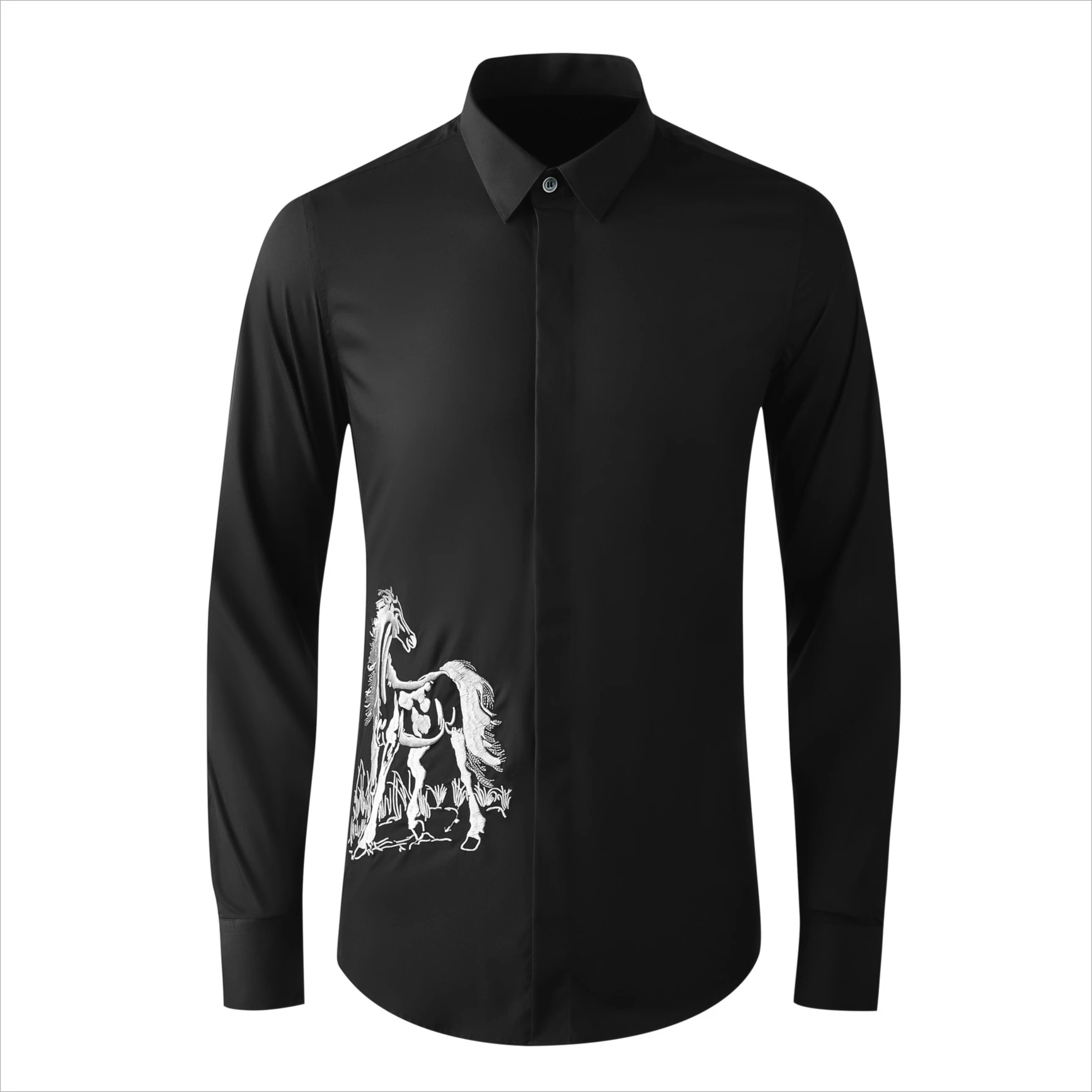 High-quality Men's Shirt Embroidered Horse Long Sleeved Shirt Chinese Style Slim Fit Casual Business Dress Shirts Men's Clothing