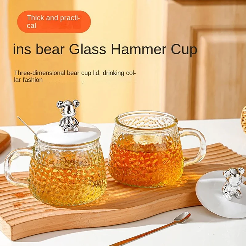 Hammered Bear Glass Cup Coffee Cup Simple Ins Style Female Water Cup With Handle With Lid Breakfast Cup Transparent Tea Cup