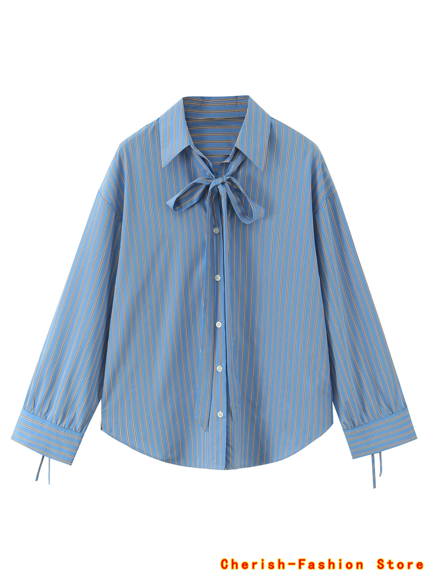 

Women's Fashion Striped Brand Long Sleeve shirt Turn-down Collar Autumn Loose Fit Spring Set Bowknot Buttons Decor Casual Blouse