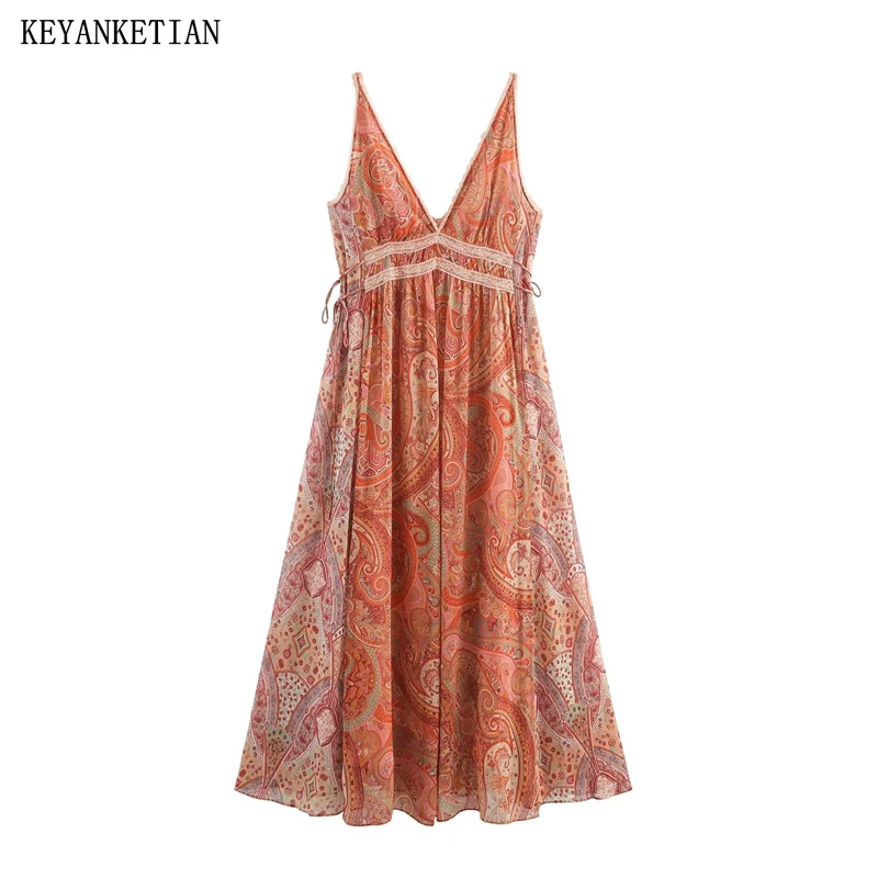 KEYANKETIAN 2026 New Women's Boho Paisley Print Maxi Dress V Neck Spaghetti Strap Lace Trim Drawstring Waist A Line Summer Dress