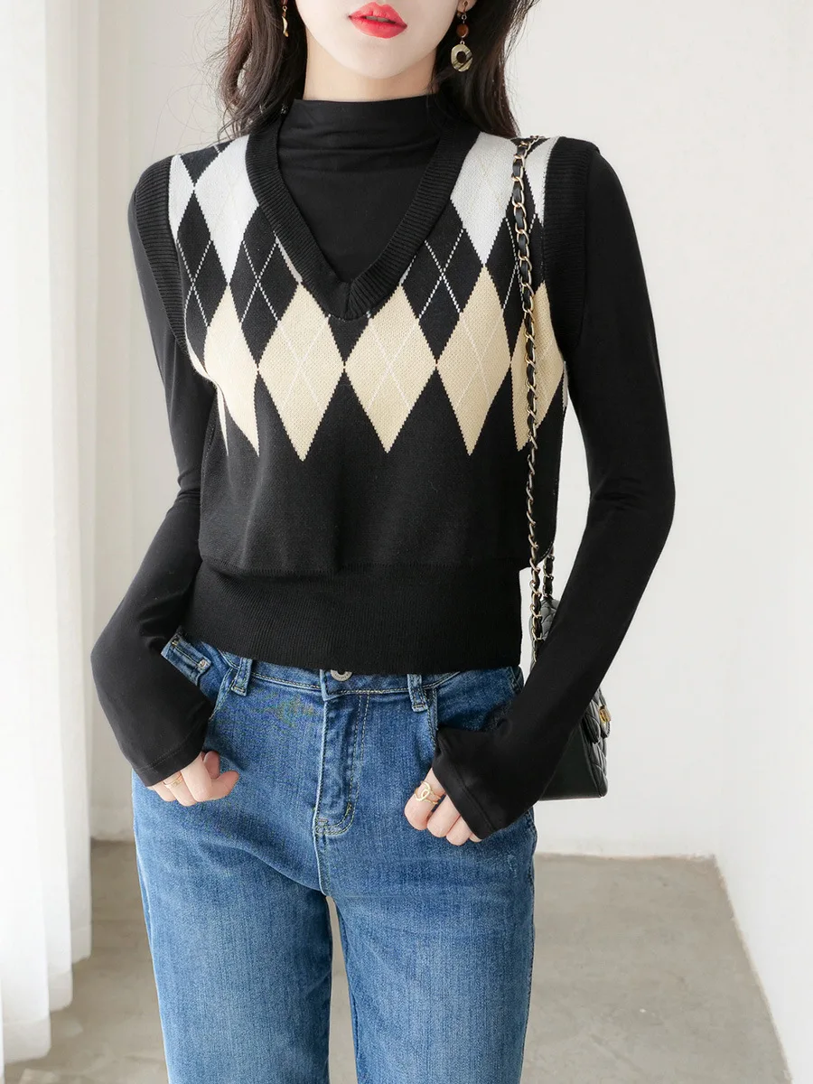 

Women Diamond Intarsia Vest Autumn Winter V-neck Sweater Vintage Knitted Tops Casual Slim Pullover Korean Fashion Knitwear Vest