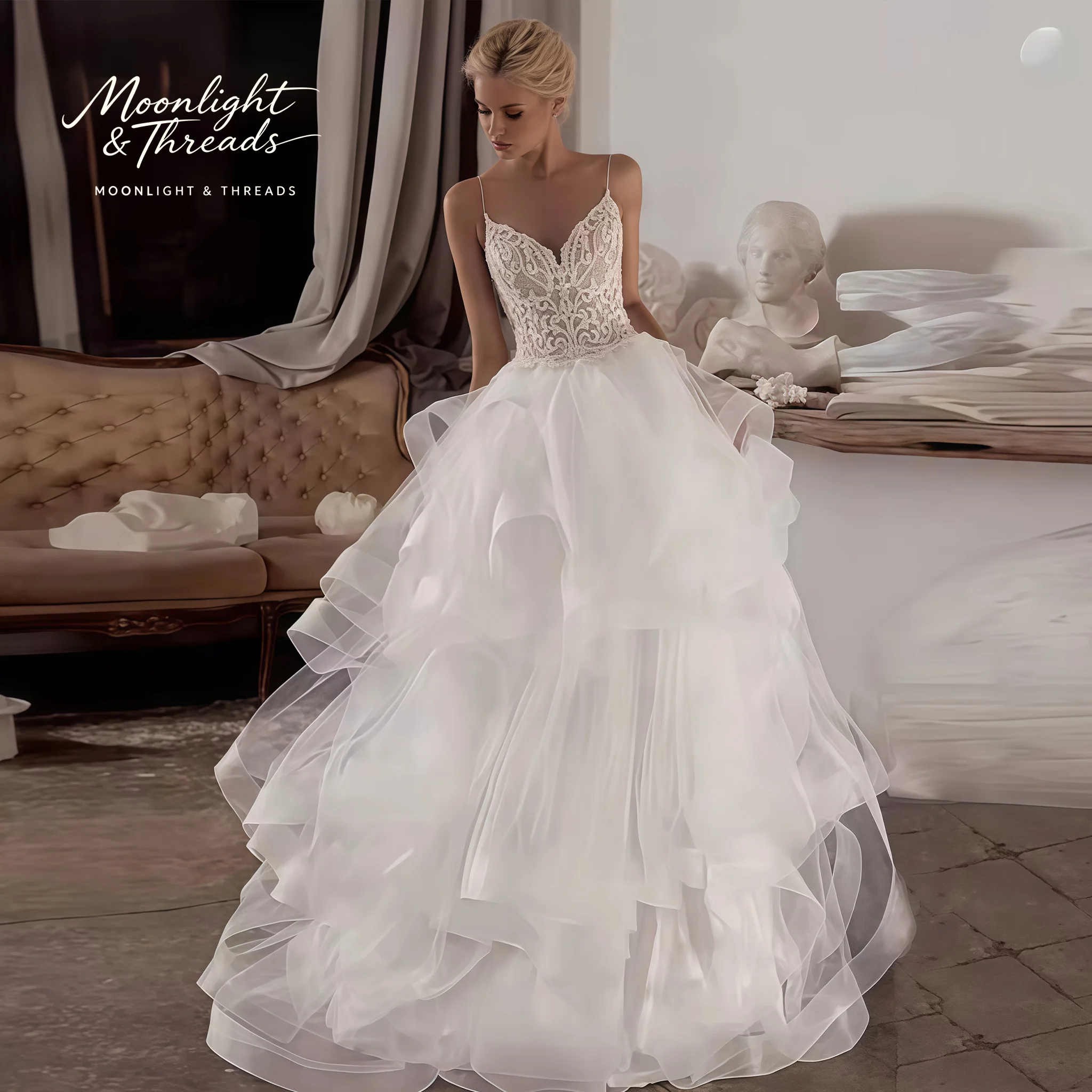 

White floor-length formal wedding gown featuring a V-neck spaghetti straps and a voluminous tiered tulle skirt with embroidery