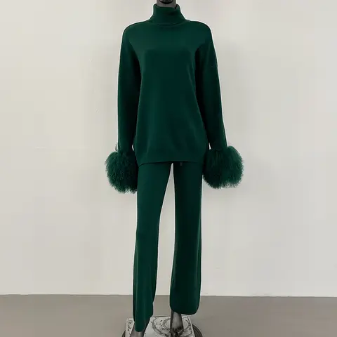 Knitted Suit Women's Sweater Set with Real Mongolian Sheep Fur Cuffs High Quality Wool & Blend Knitted Pullover and Pants 2025