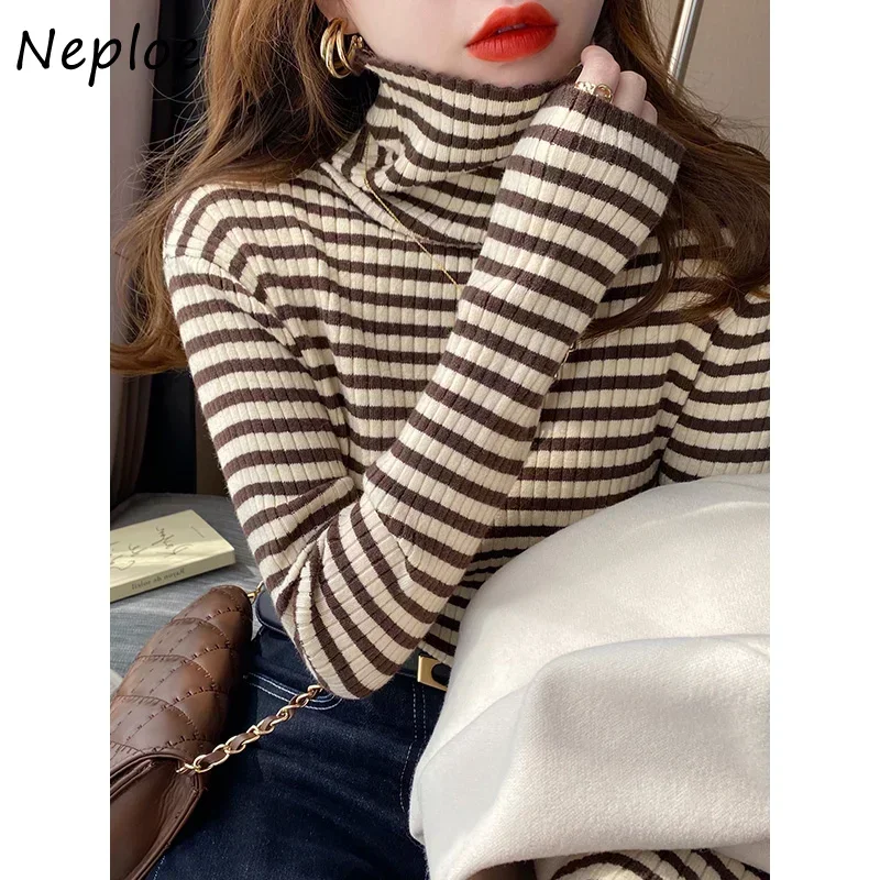 Neploe Vintage Knitted Pullover Pull Femme Turtleneck Women Stripe Contrast Color Long Sleeve Jumpers Jersey Mujer Sweaters