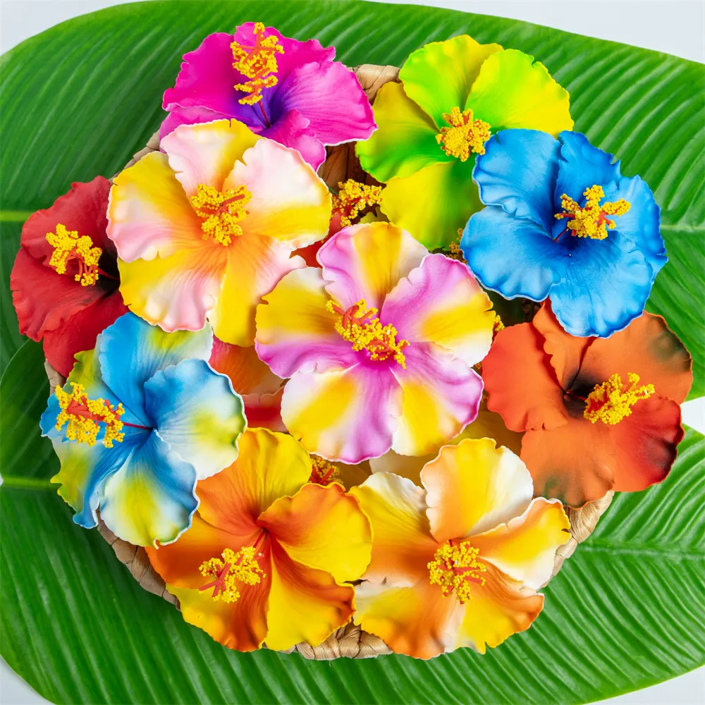 Aloha Hula Girl Supply Hawaiian Tropical Flowers 20pcs Mixed Colors Hibiscus Flower with Stem 12CM Hair Stick Ear Flowers