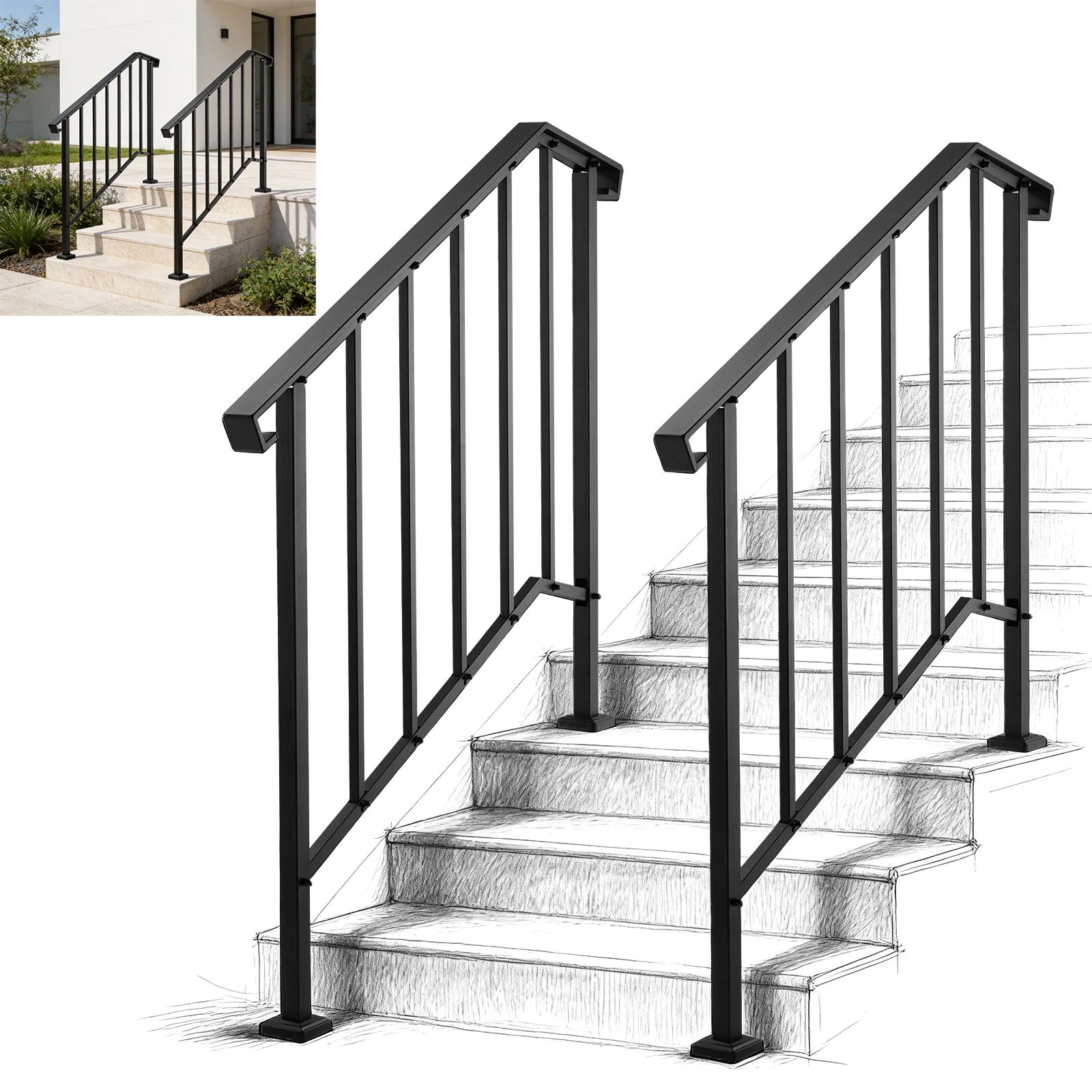 

Adjustable Outdoor Handrail for 3-4 Steps, Carbon Steel Stair Railing with Curved End & Balusters for Home Patio Porch