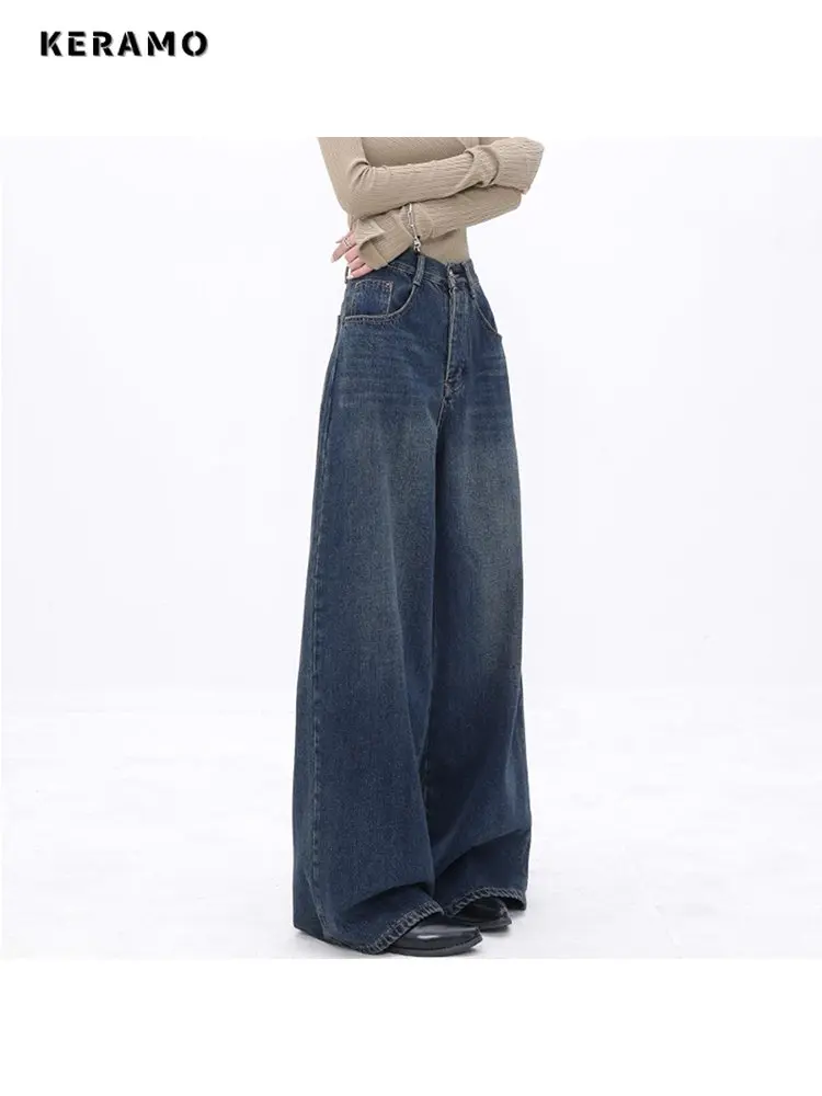 American Vintage High Waist Oversized Jeans Pants For Women Casual Baggy Y2K Wide Leg Grunge Streetwear Blue Denim Trouser