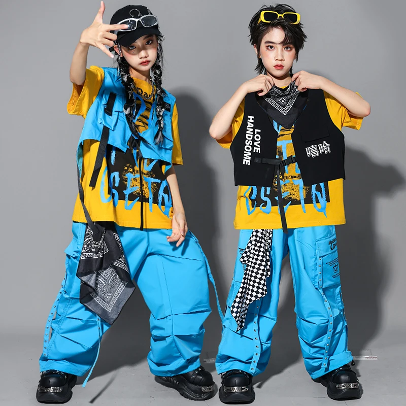 Camiseta K-pop para niños, chaleco, pantalones Cargo, pantalones cortos de Hip Hop para niñas, disfraz, ropa de calle para niños, conjuntos de ropa de baile callejero de Jazz para niños
