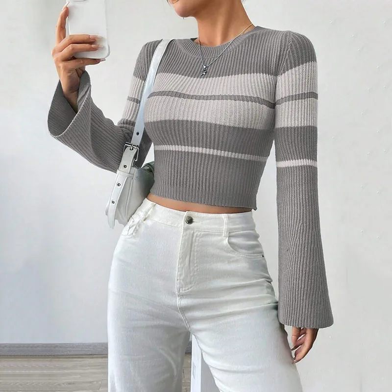 スリムフィットストライプニットセーター2025秋ラウンドネック長袖ベルスリーブオフィスレディトップス