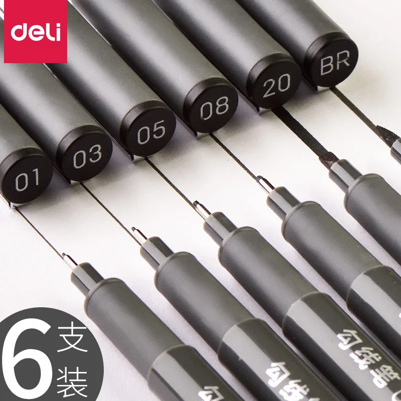 Deli S573 Multi Specification 01/03/05/08/20/BR Line Drawing Pen Set of 6 Art Drawing Line Drawing Edge Art Markers