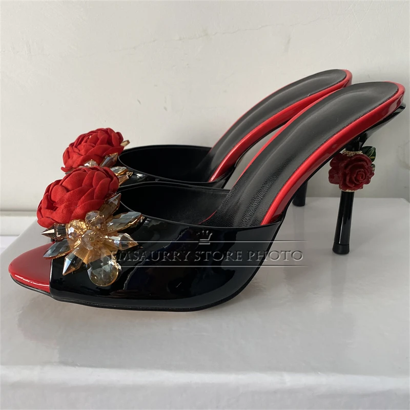 Jeweled Rhinestone Flower Buckle Sandals Women Carved Rose Strange Heel Slingbacks Mules For Girls Summer