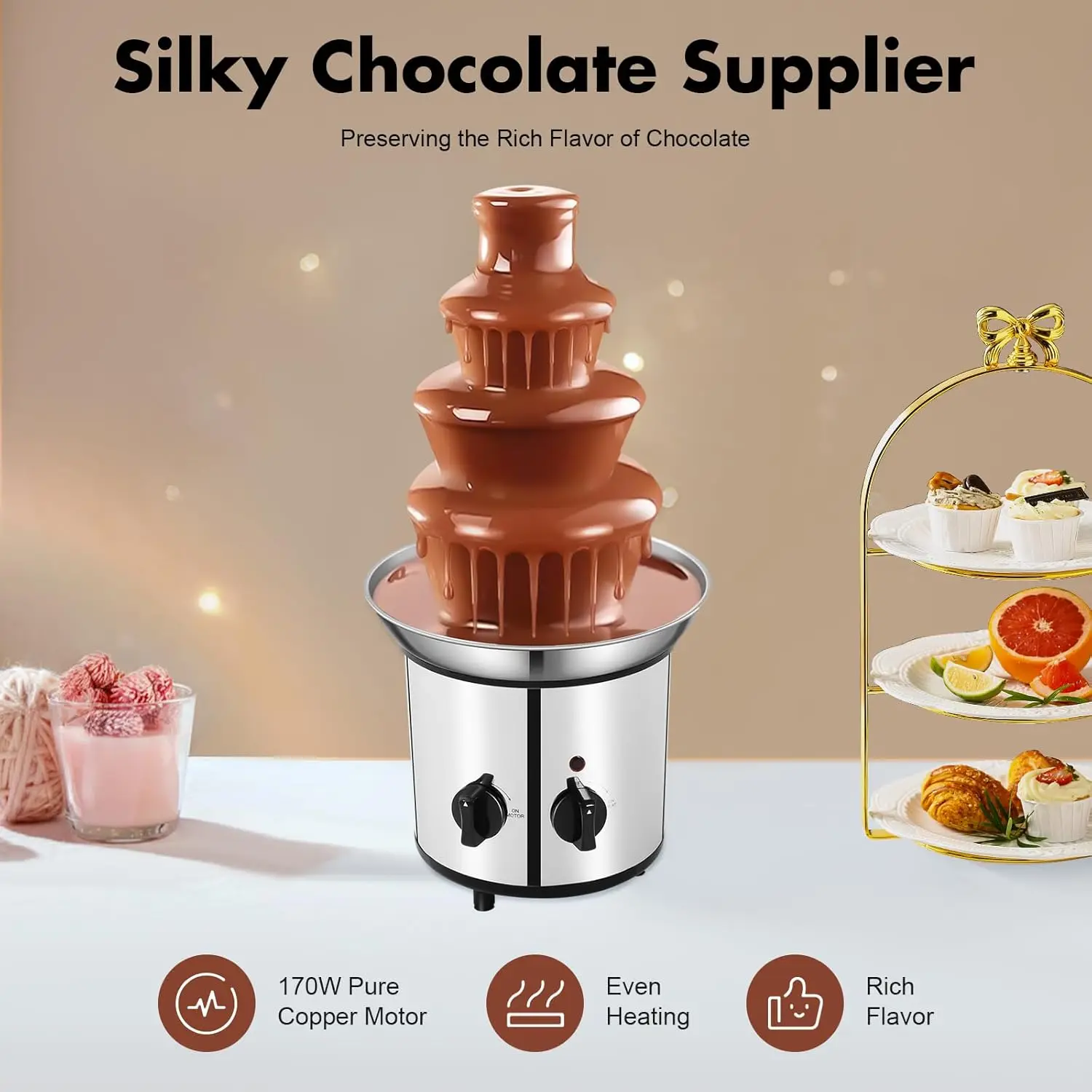 

4-Tier Electric Chocolate Fountain Machine,60oz Large Capacity Nacho Cheese Fountain with Spiral Splash-Proof Design for Parties