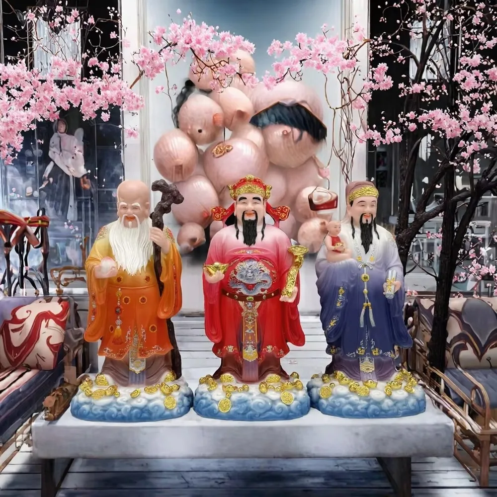 White Resin Buddha Statue God of Wealth Taoist Fairy Fu Shou Buddhism Figurine Feng Shui Home Decor Ornament