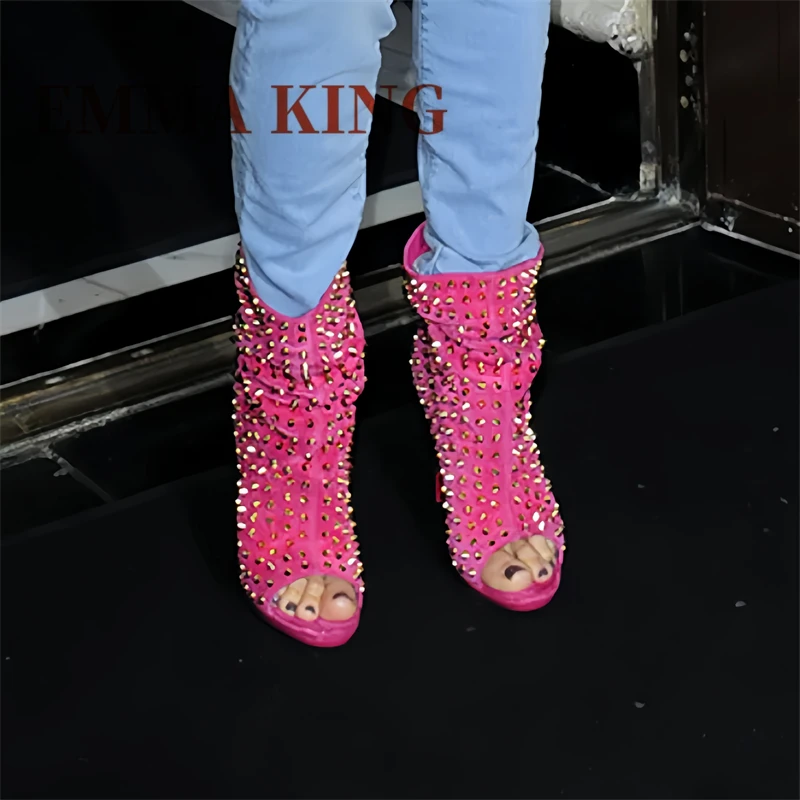 النساء كلوبوير برشام حذاء من الجلد رصع المفتوحة تو الخنجر الكعوب سبايك أحذية السيدات أنيقة حفلة الرقص أحذية الموضة كبيرة 44 #5