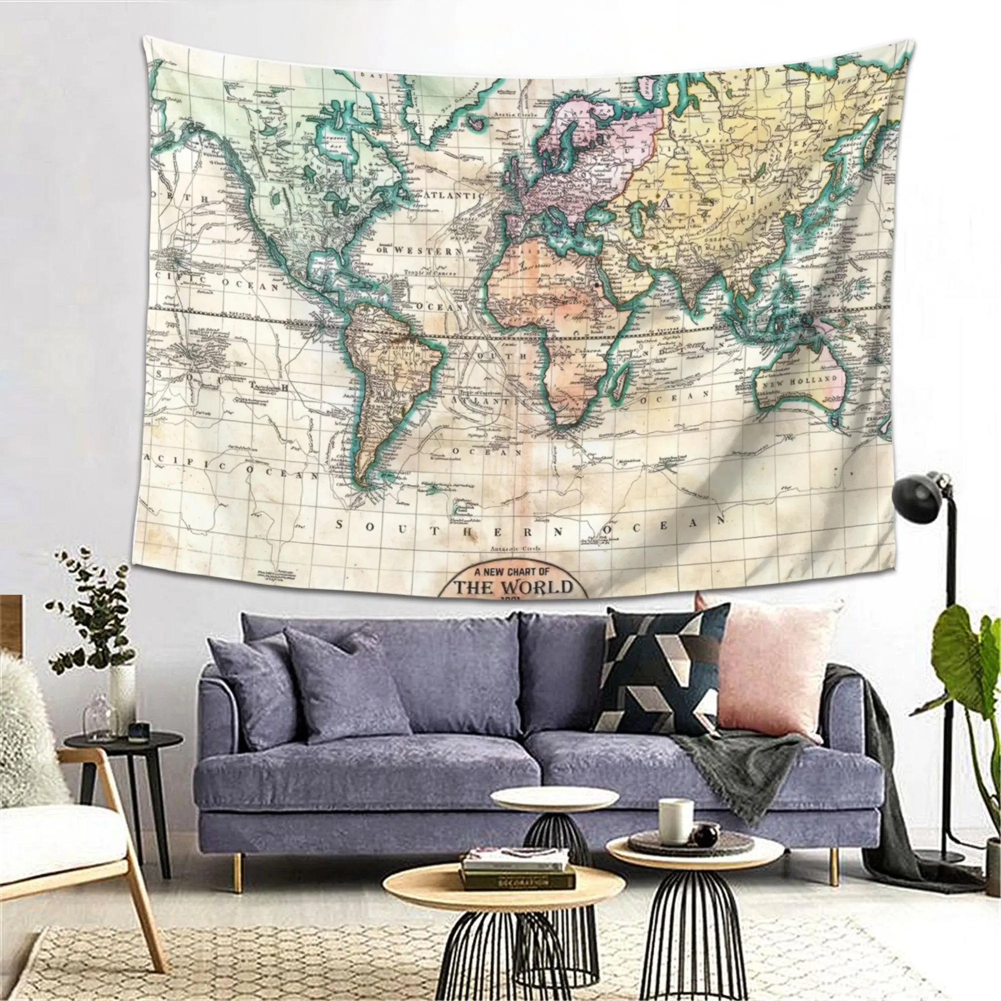 Tapisserie murale vintage avec carte du monde, décoration de voyage géographique antique, style bohème, imprimé bleu nautique, décoration artistique pour la maison