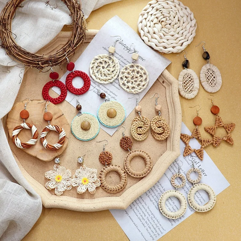 

10pairs/lot Earrings Women Woven vine Circle Oval Water Drop Shaped Beach earrings Ear Clip