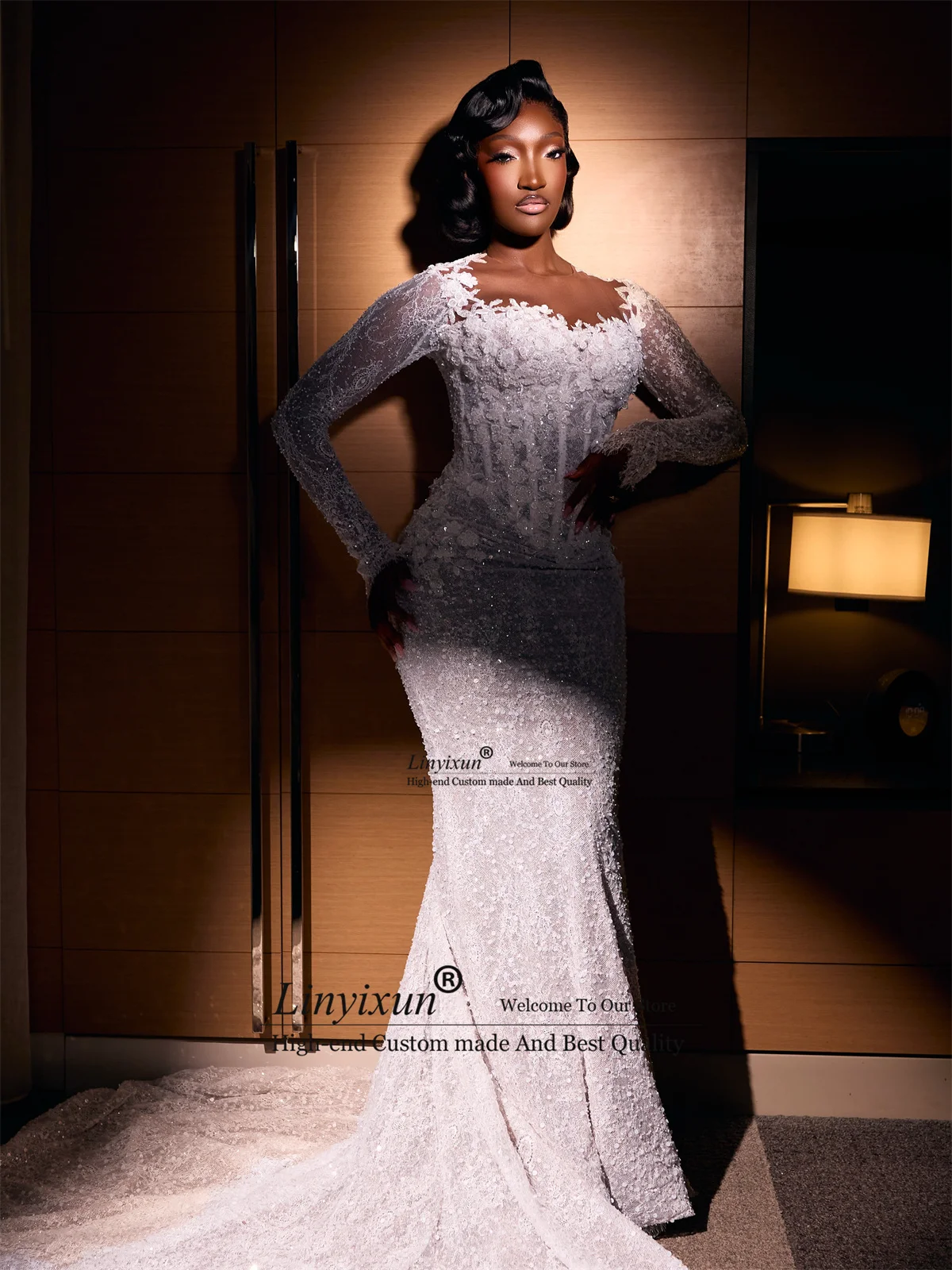 African Lace Appliques Wedding Dresses With Full Sleeves Curves Retro Bride Dress Customized Mermaid Bridal Vestido De Novia