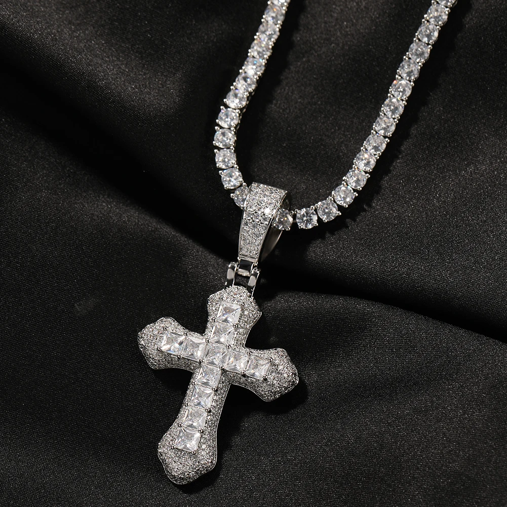 TBTK 2 Sizes Colorful Cross Pendant Iced Out Colorful BaguetteCubic Zirconia Charm Fashion Necklace Hiphop Jewelry For Gift