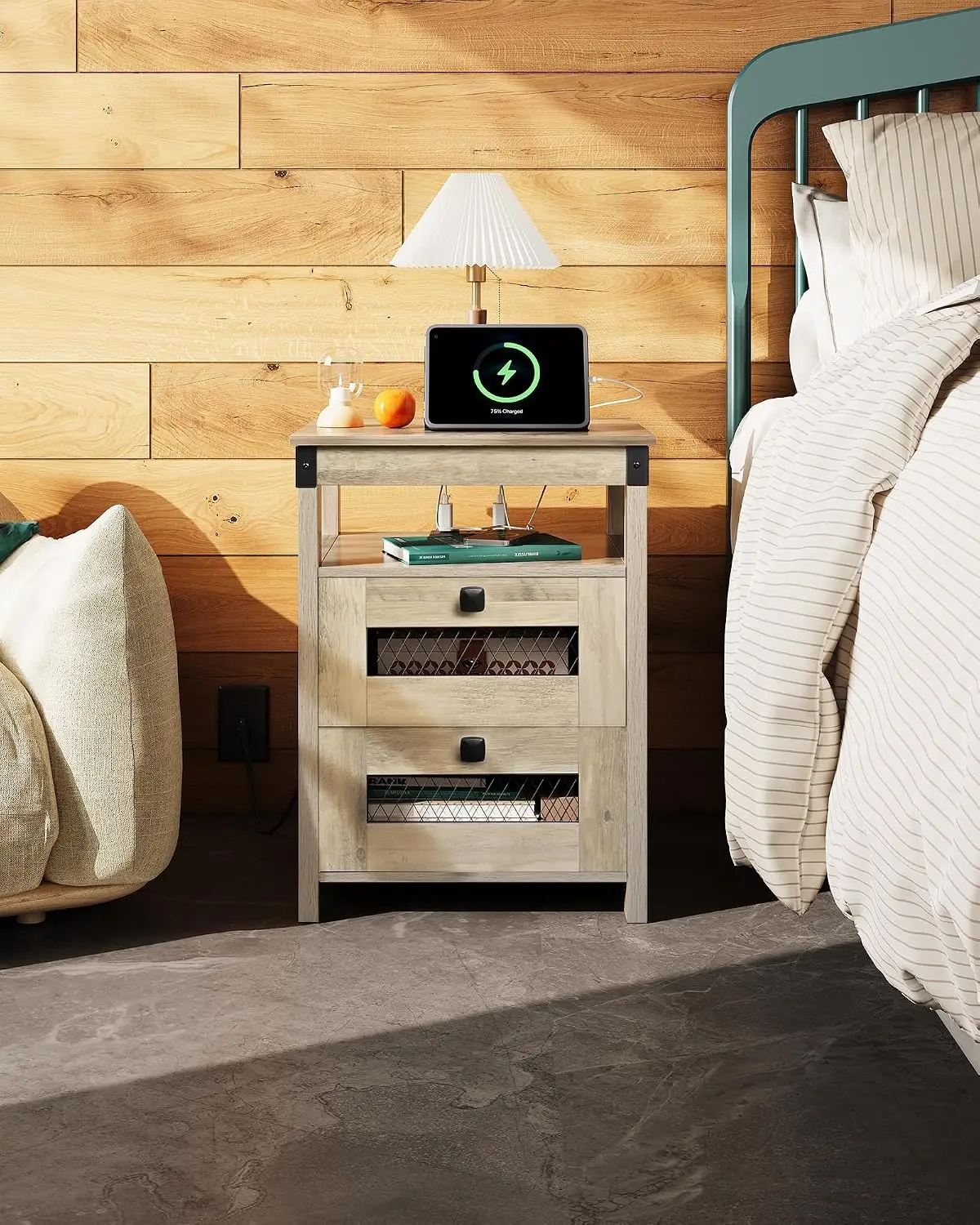 Greige Nightstand Charging Station Farmhouse End Table Bed Side Furniture 2 Drawers Open Shelf Wood Rustic Bedroom