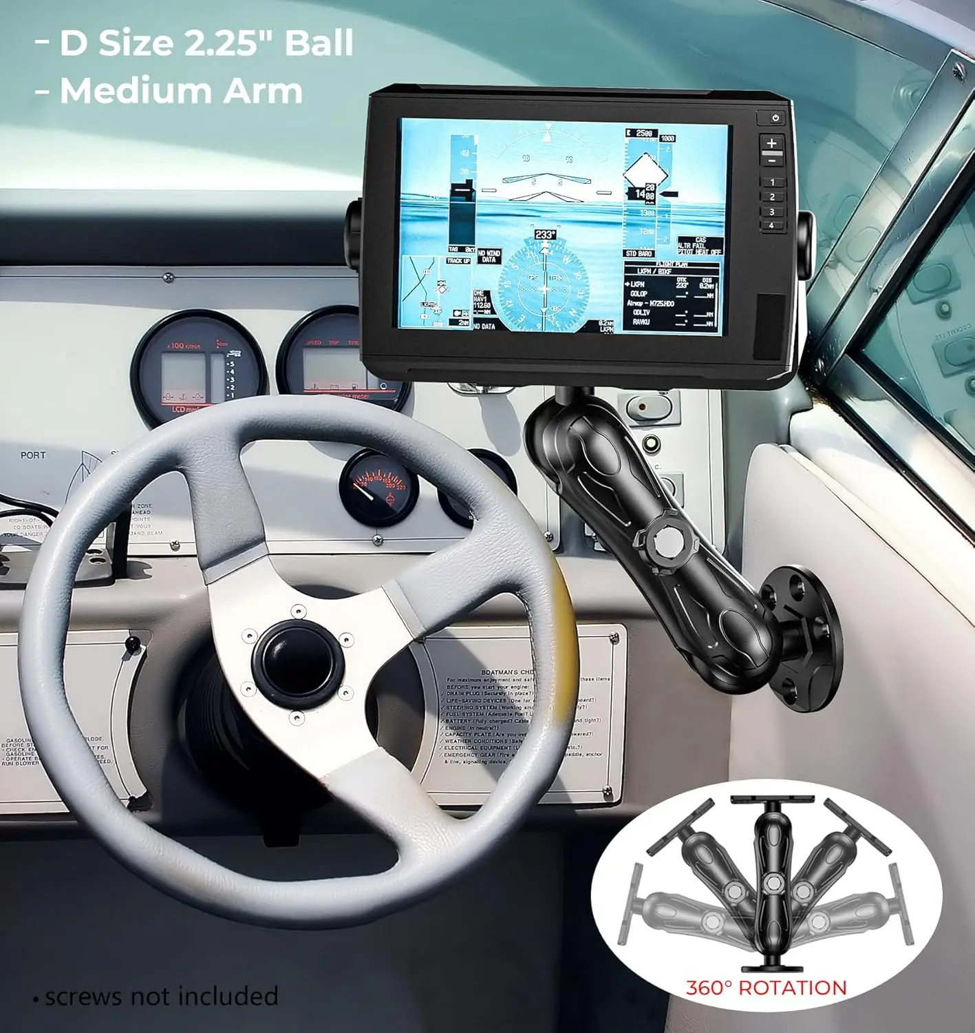 حامل مكتشف السمك كبير من سبائك الألومنيوم مقاس 2.25 بوصة، ذراع متوسط 8.44 بوصة، متوافق مع Garmin، Lowrance، Humminbird