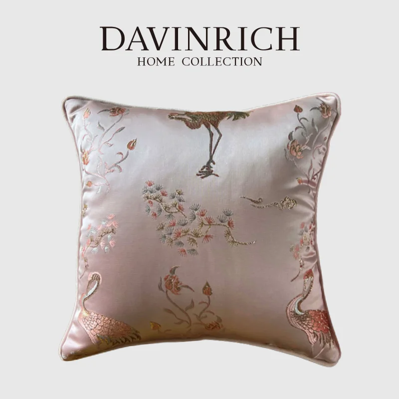 

DAVINRICH Antique Square Throw Cushion Cover Luxury Gold Stitch Crane Floral Jacquard Magnificent Lumbar Pillow Case Retro Pink