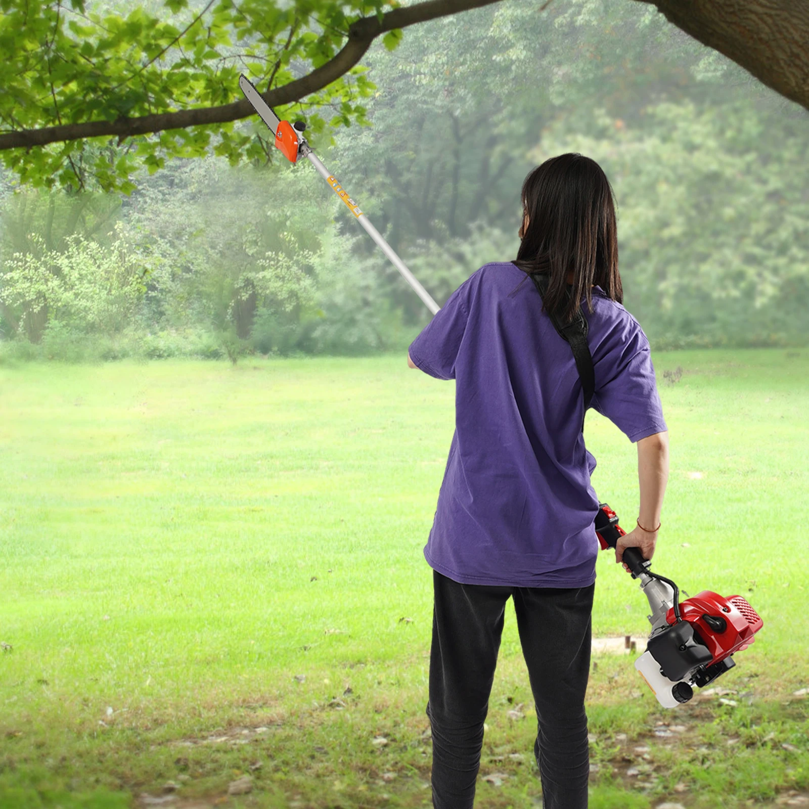 Красная цепная пила с длинной обрезкой, телескопическая стойка 7,87-11,48 фута, 2-тактный двигатель мощностью 1,25 кВт, 12-дюймовая цепь из марганцевой стали для обрезки деревьев