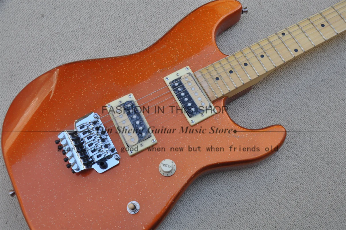 Metal Orange Electric Guitar Char Body Maple Neck 22 Frets Tremolo Bridge HH Pickups Chrome Tuners