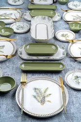 Porcelain Washable Dinnerware Set for 6 Persons 31 Pieces Green White Porcelain Breakfast Dinner Set