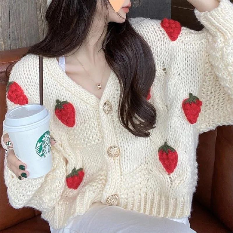 Casual Strawberry Knit Cardigan for Women, Turquoise V-Neck Loose Fit, Cute Embellished Cable-Knit