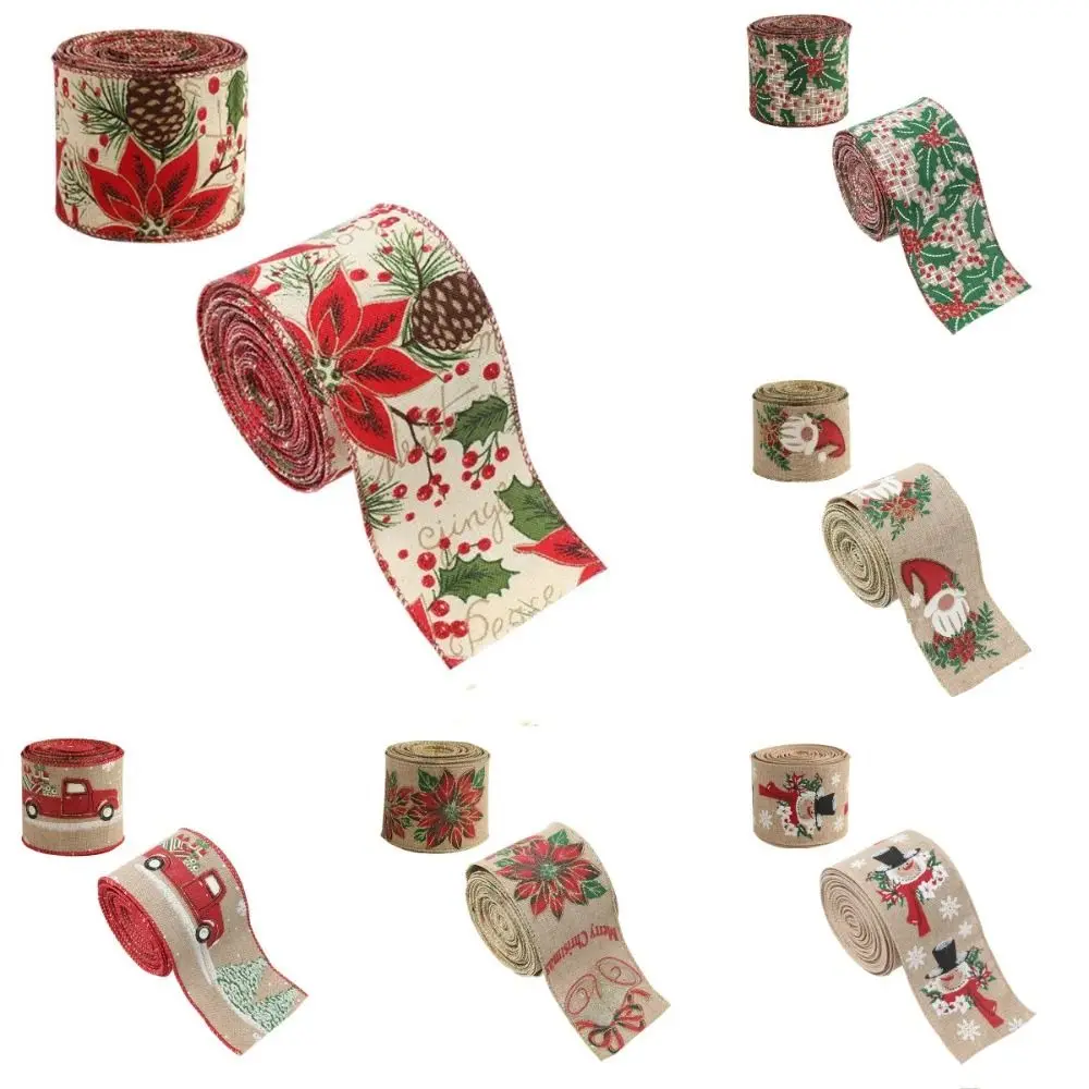 2M/Roll Linen Christmas Ribbon Tree Printed Xmas Gift Wrap Ribbon Gift Tape Snowflake Bouquet Ribbon Crafts Decorations