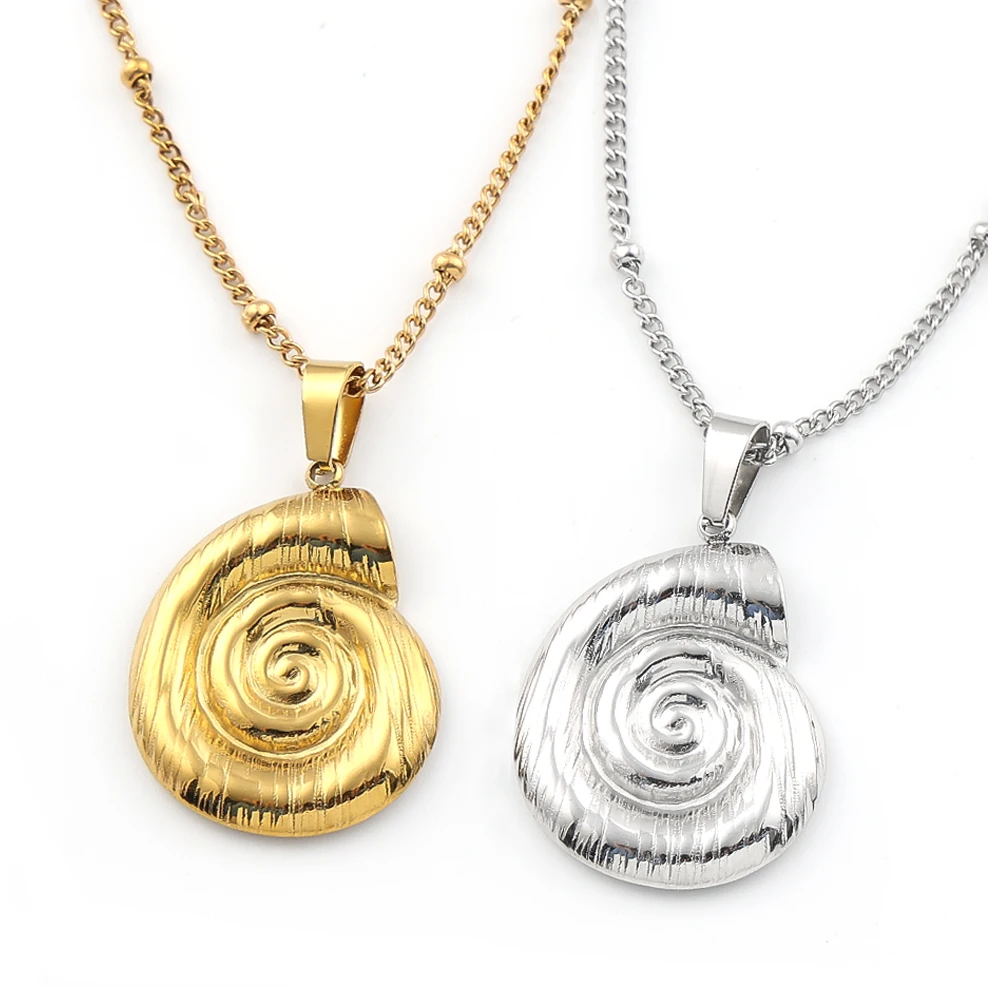 

Boho Conch Shell Spiral Pendant Necklace for Women Stainless Steel Gold Color Nautilus Beaded Chain Ocean Summer Beach Jewelry