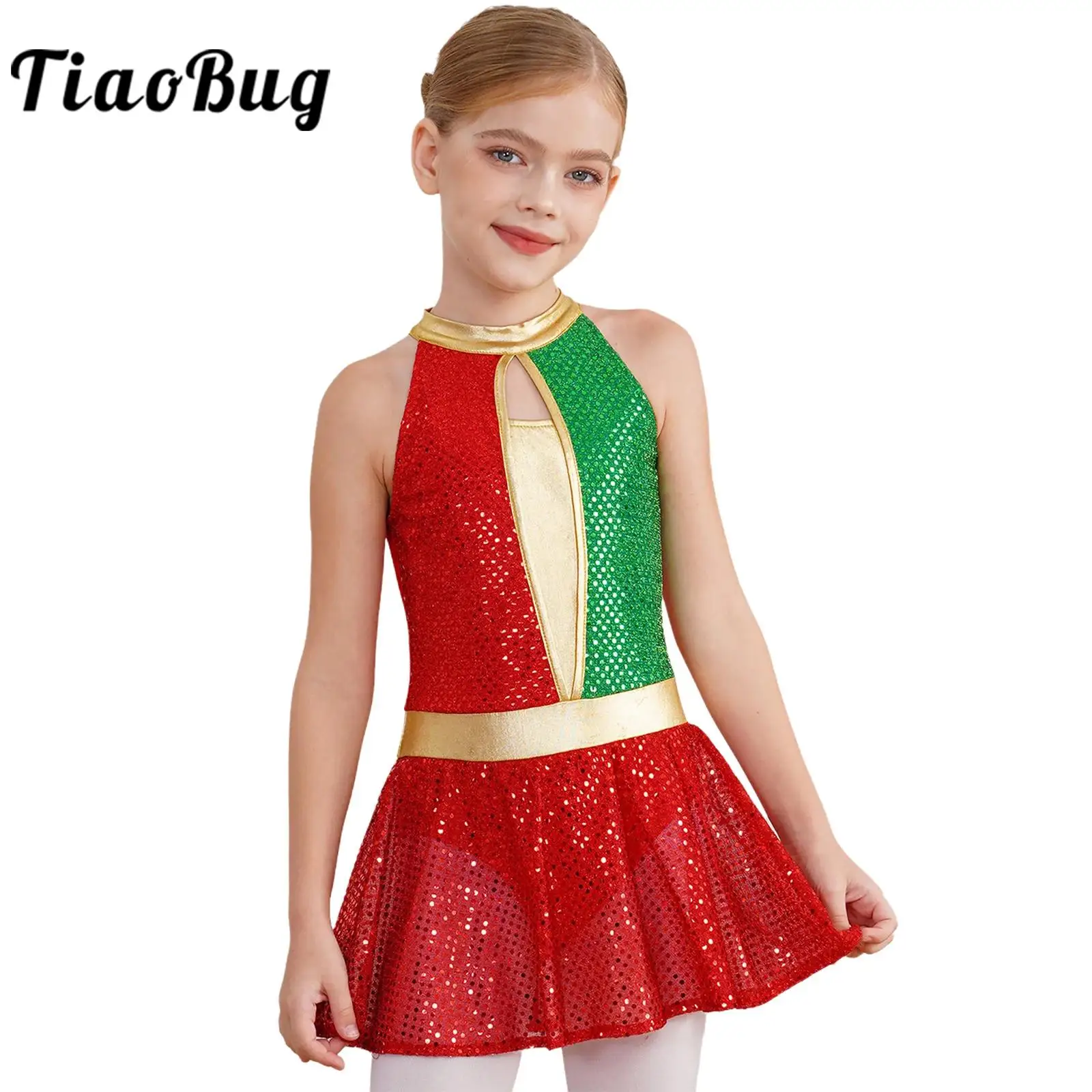 Children Girls Christmas Carnival Costume Skating Dance Leotard Halter Neck Sequins Party Dress Xmas Holiday New Year Gift