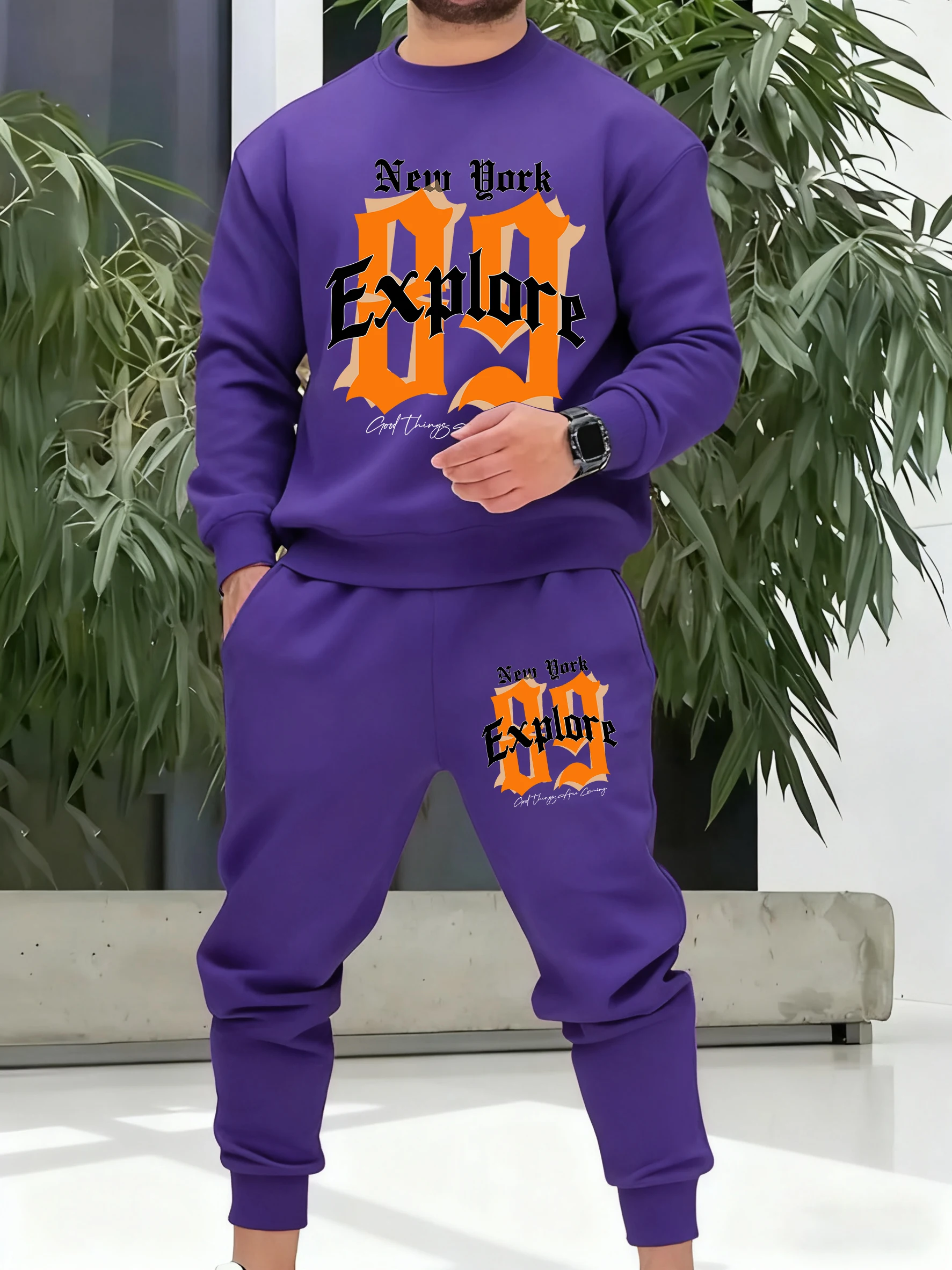 

New York City Explore Print Male Tracksuit Autumn Fleece Loose Fashion Sportset Colour Pants Unisex Casual All-Match Clothing