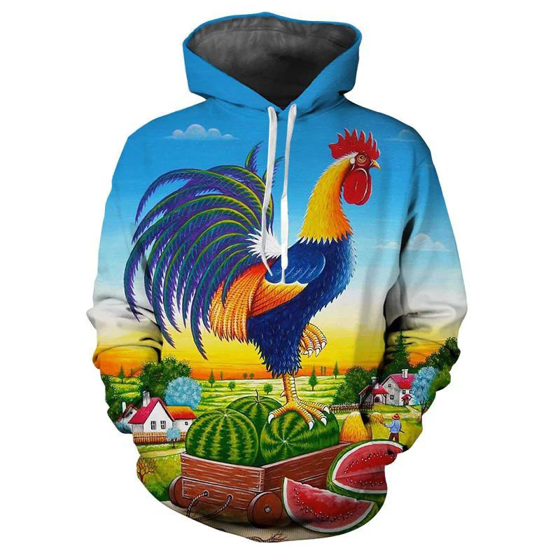 Funny Rooster Pattern Hoodie For Men Animal 3D Printed Long Sleeves Autumn Casual Hoodies Oversized Sweatshirts Pullover Tops