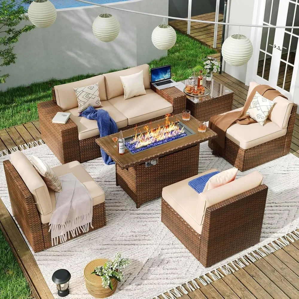 

7-Piece Patio Furniture with 44’’ Fire Pit Table Wicker Conversation Set Patio Sectional Furniture with 4" Thickened Cushions