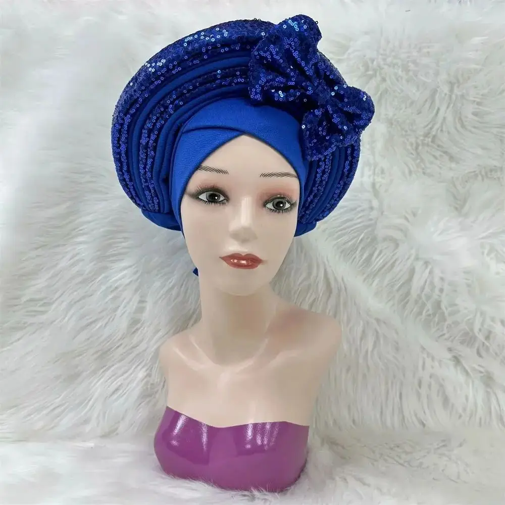 

Royal Blue Headtie Aso Oke Gele Already Made African Sego Headtie Nigerian Turban Cap Gele Aso Ebi Women's Head tie