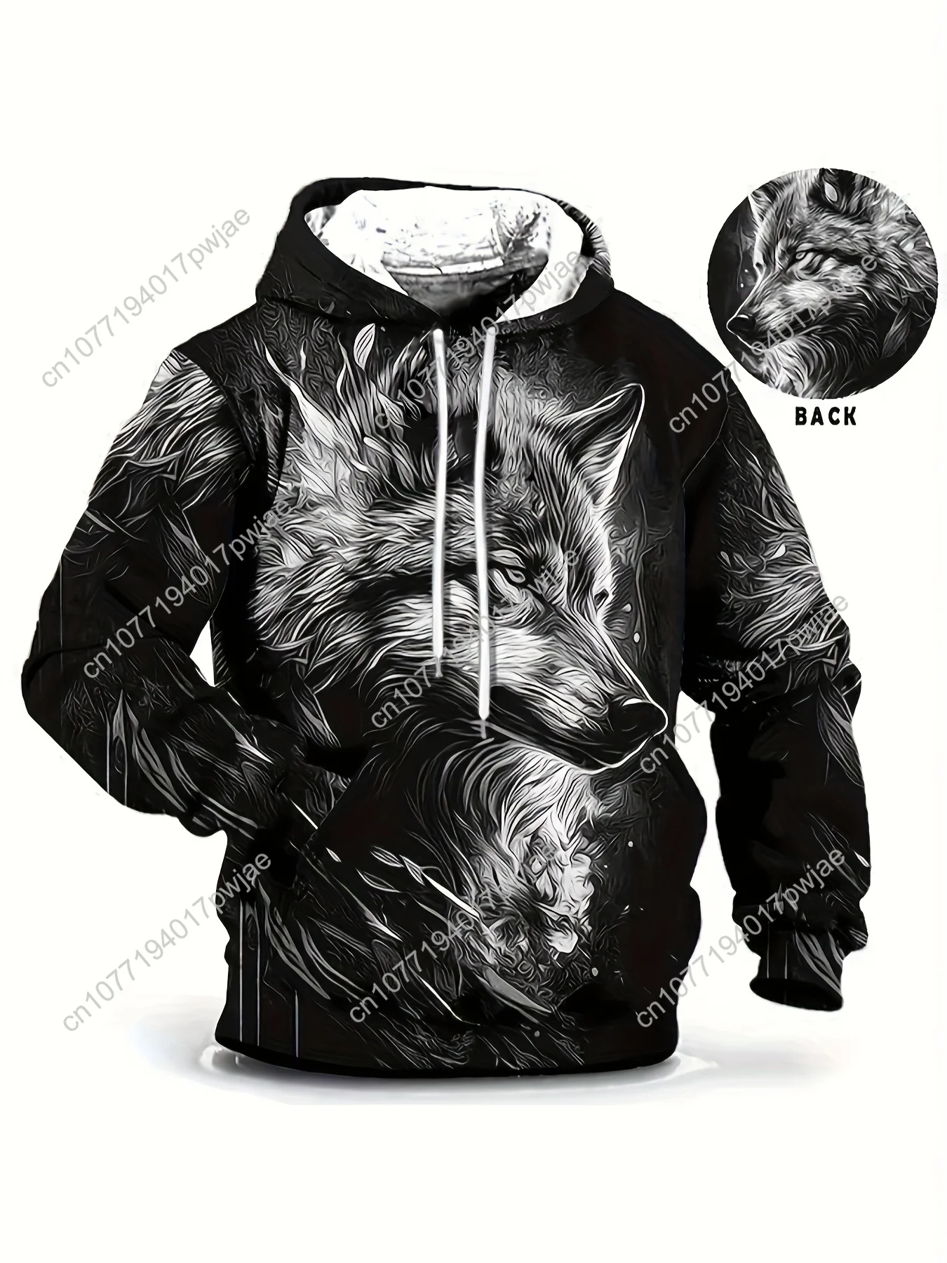 Herren-Kapuzenpullover in Übergröße mit lebendigem Wolf-Gesicht und Digitaldruck – sportliches Polyester-Sweatshirt, maschinenwaschbar, verstellbares Kordelzug