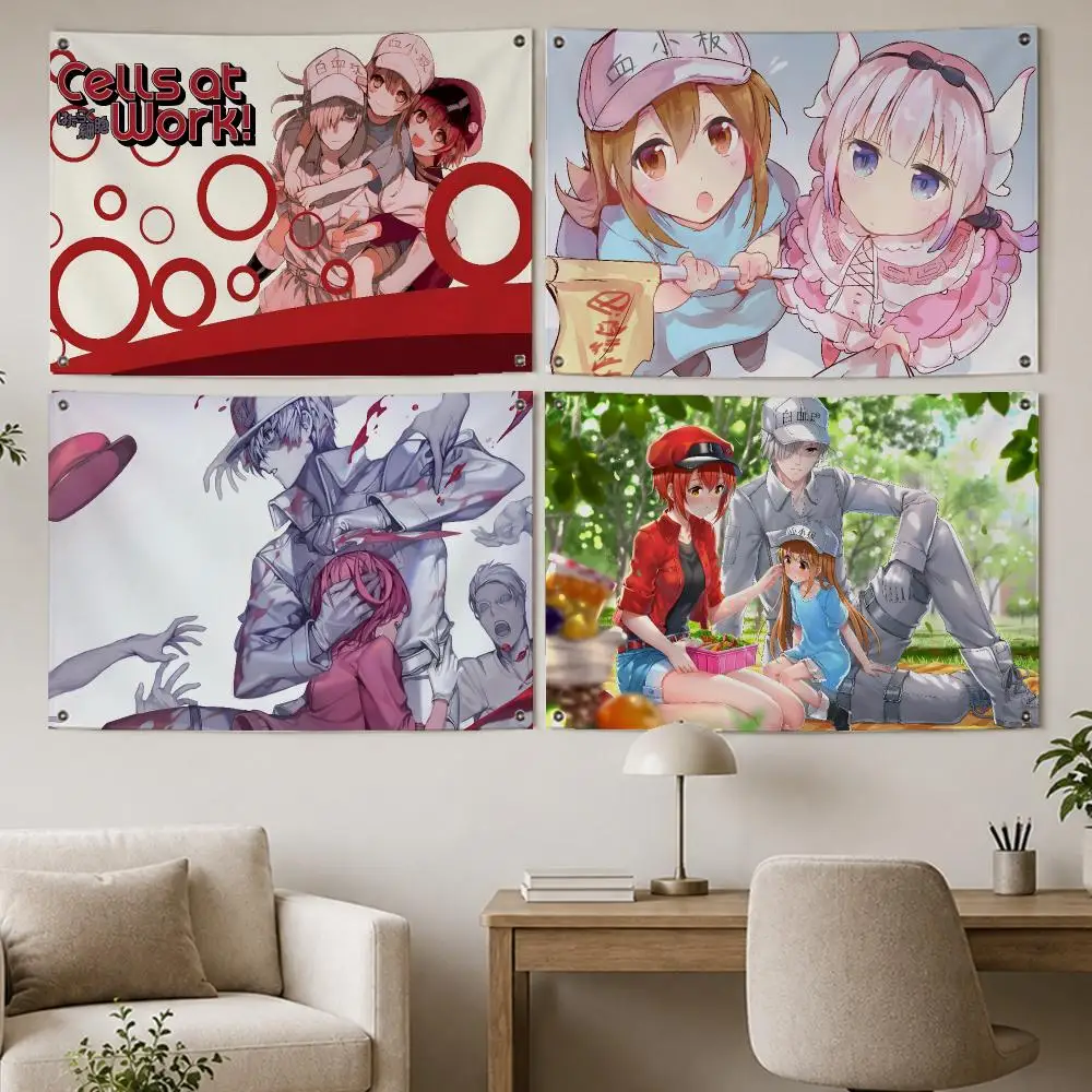Biology Anime Cells at Work! Flags Room Home Decor Wall‑Hanging Art Banner, Outdoor for Bedroom Party Background Decoration