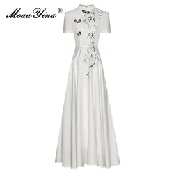 MoaaYina Fashion Runway dress Summer Women Dress White Crystal Disc Buckle Mandarin Collar High Waist Willow Branch Print Dress