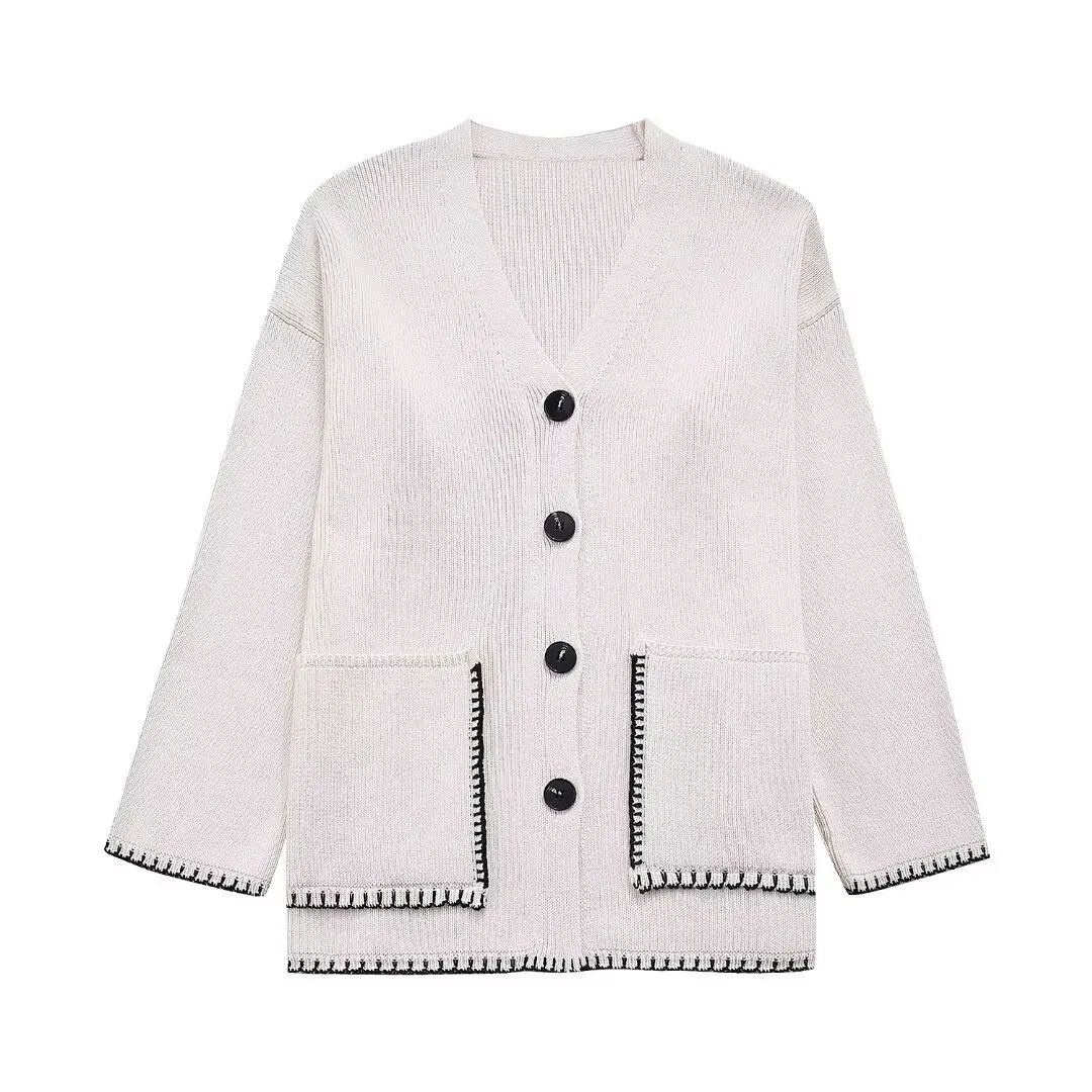 

Women's Contrasting Stitching Long Sleeved Knitted Jacket