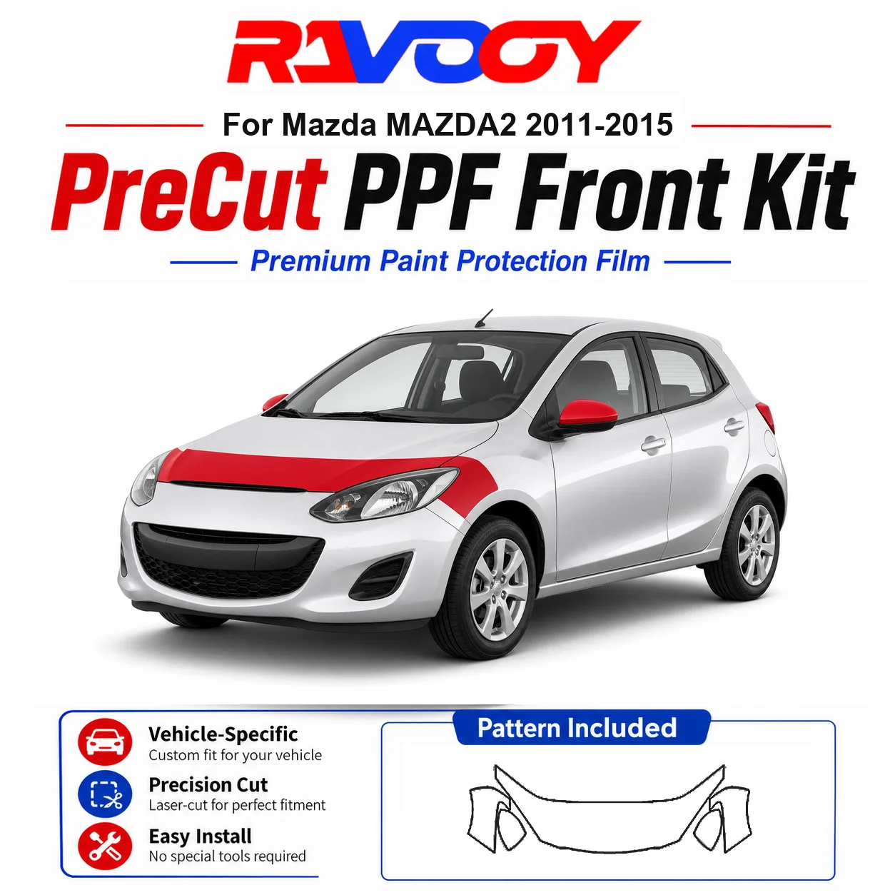 

8.5mil TPU Precut PPF Kit For Mazda MAZDA2 2011-2015 - Hood, Fenders & Mirror Set - Self-Healing Clear Bra Film